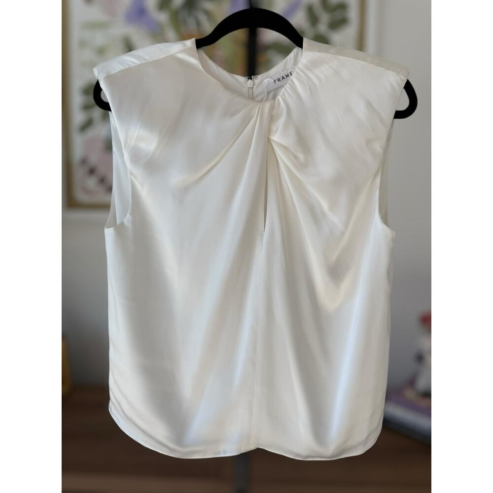FRAME Twist-Neck 100% Silk Sleeveless Blouse Top in Off White Size M